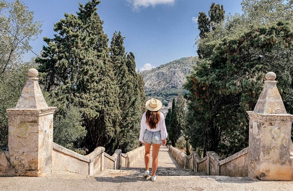 Melissa standing in front of the 365 calvari steps in Pollenca in Mallorca