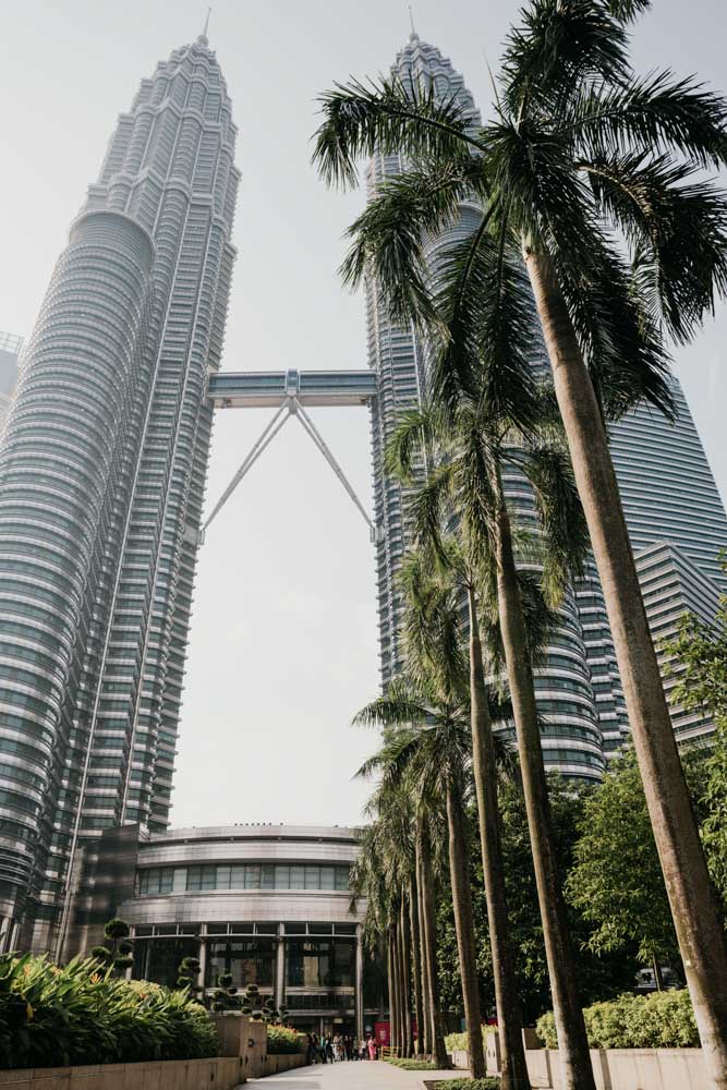 The Petronas twin towers from the ground.