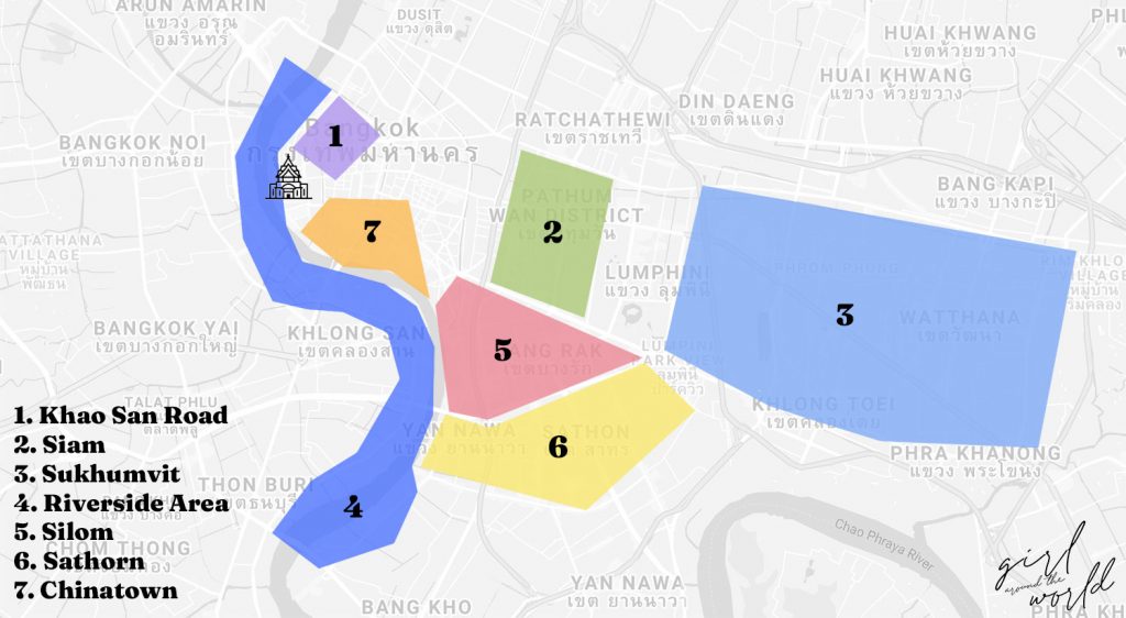 Map of Bangkok showing where to stay in bangkok with the best areas marked