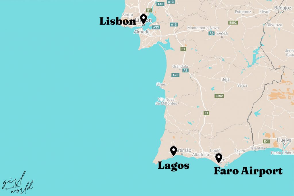 Map of Portugal with Lagos, Faro and Lisbon marked on the map