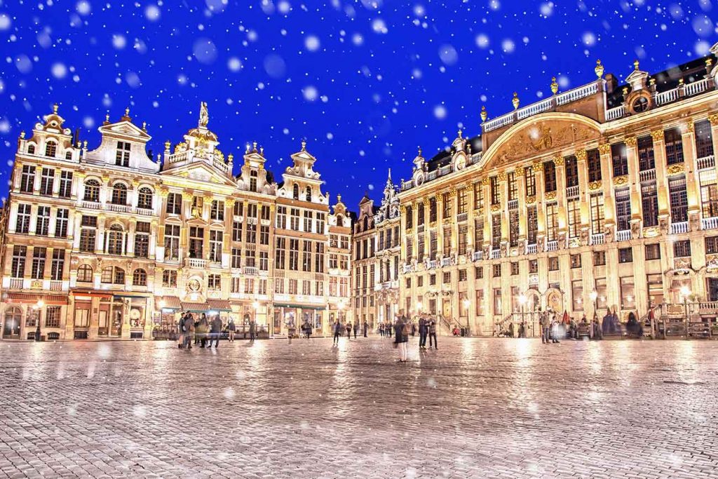 Grand Place of Brussels on a snowy evening