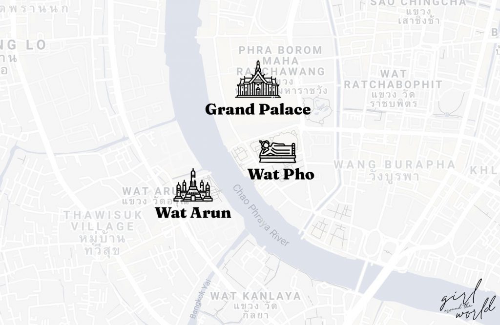 Map of Bangkok with the three main attractions marked on the map