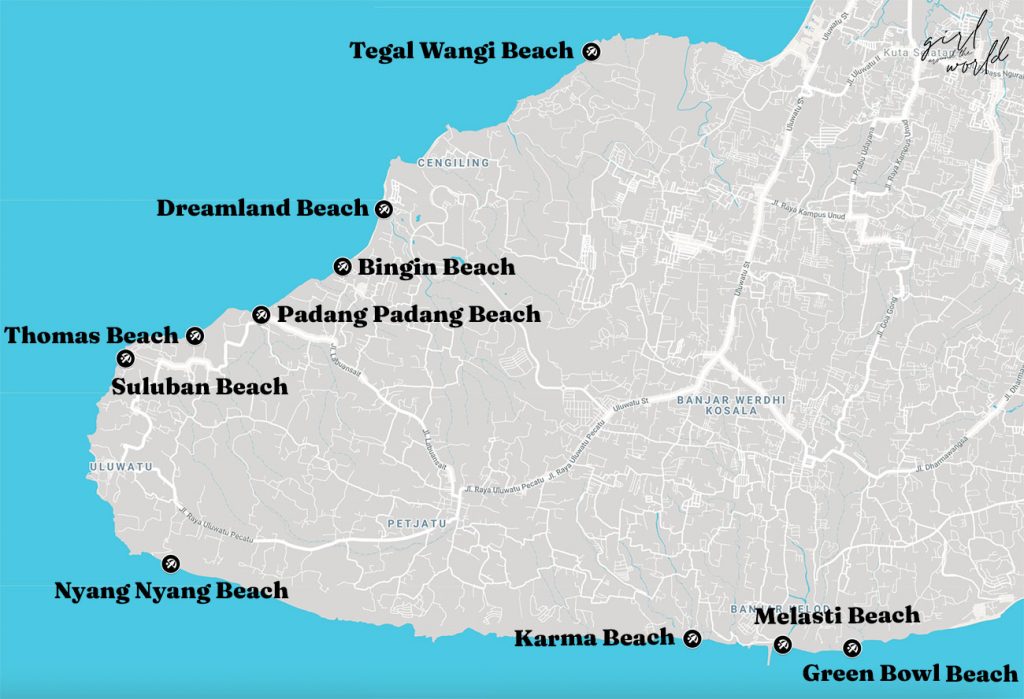 map of the best beaches in uluwatu bali