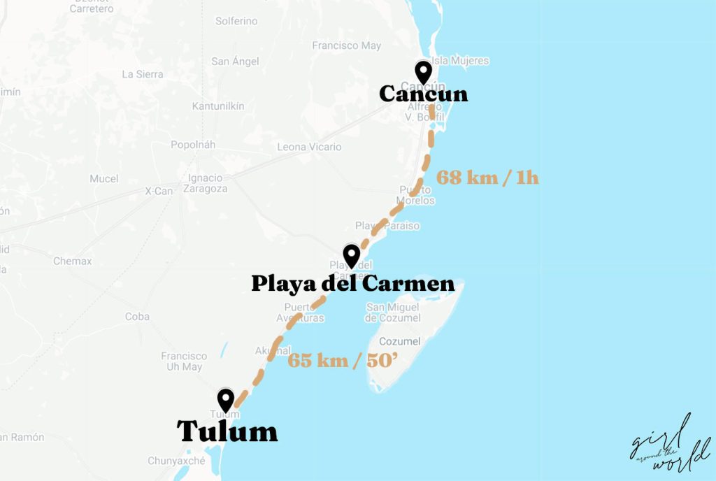Cancun vs Playa del Carmen vs Tulum map