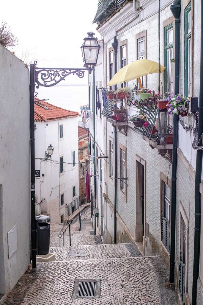 The cobbled streets of Alfama District in Lisbon Portugal