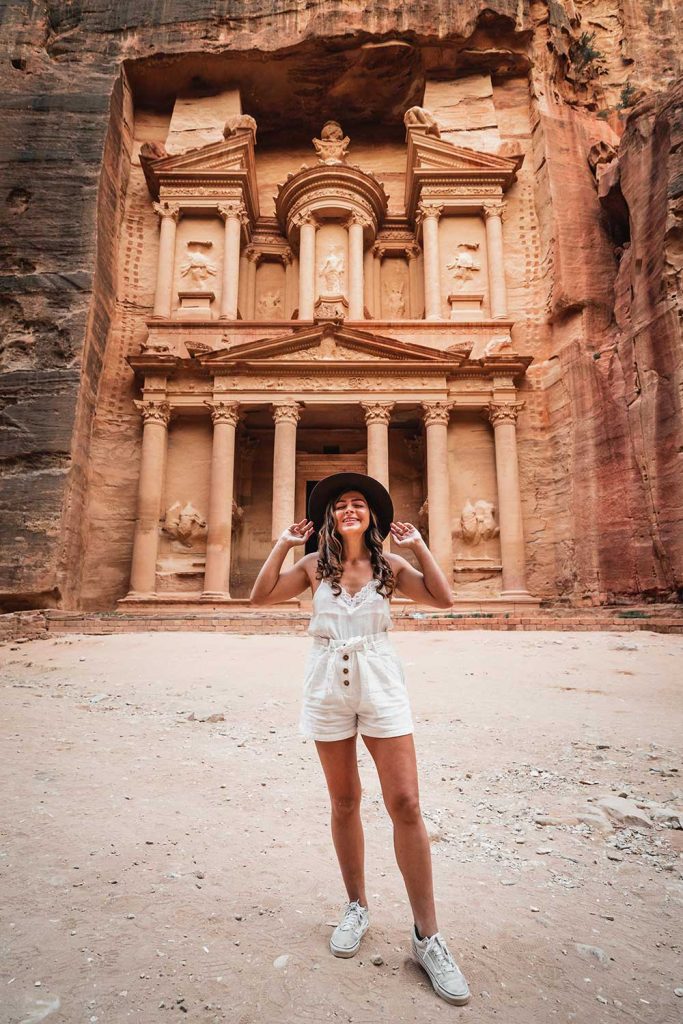 Girl Around the World in front of the treasury in petra jordan
