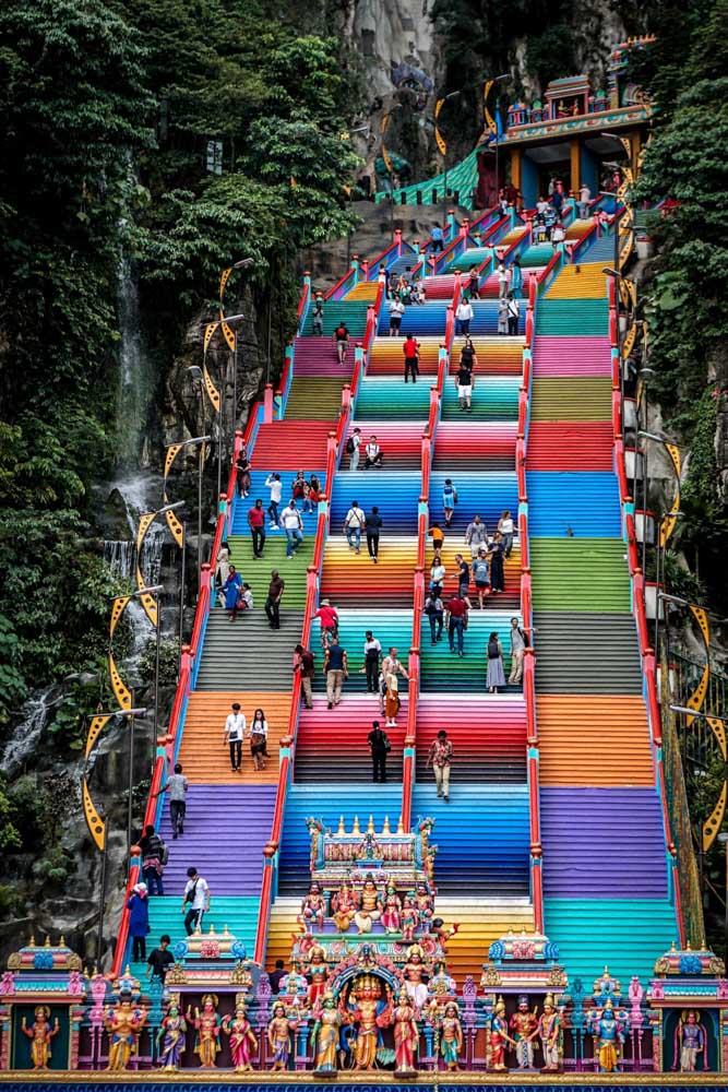 The colourful rainbow stairs of the Batu Caves.
